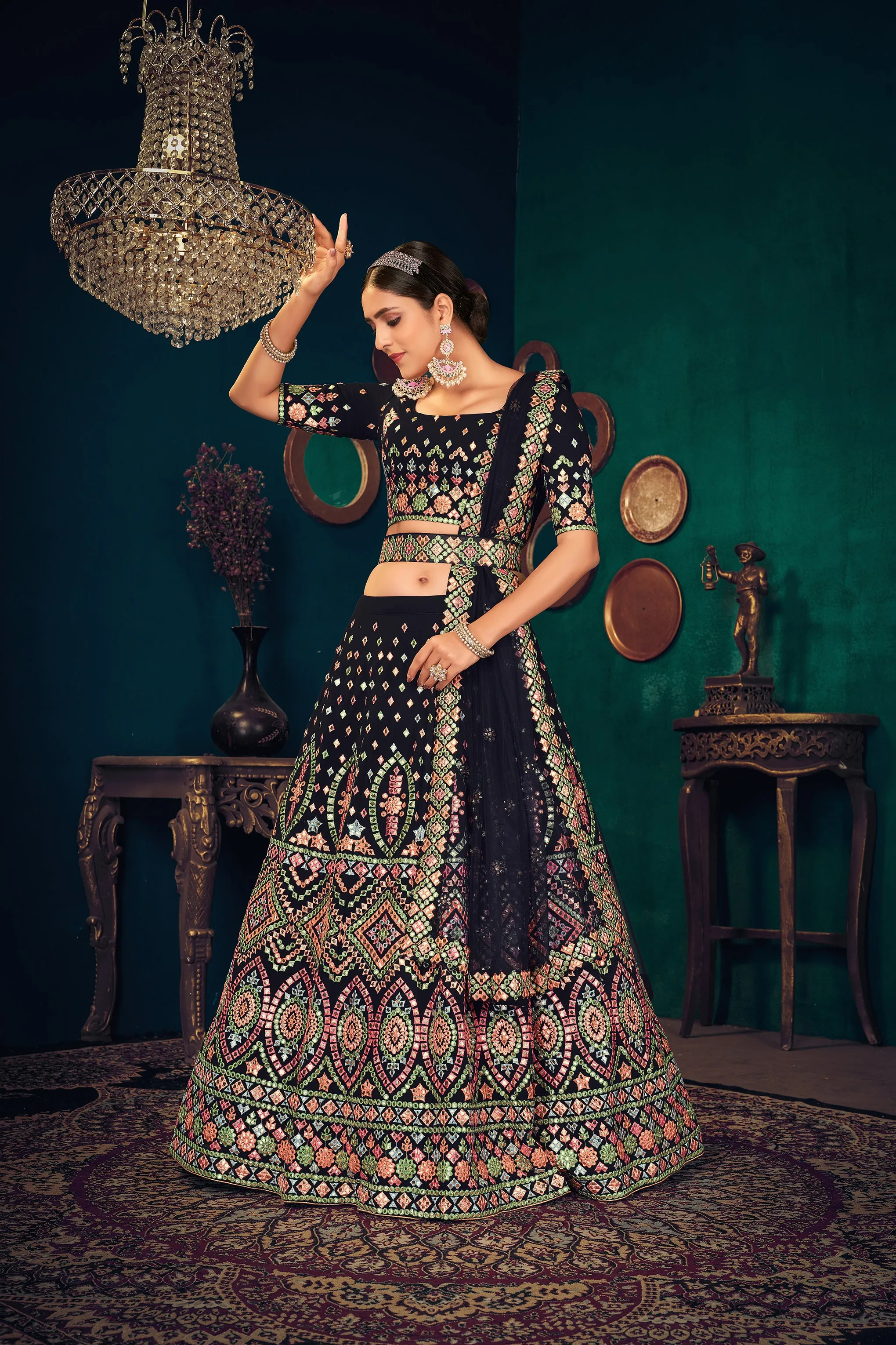 Navy Blue Multi Thread Embroidered Georgette Wedding Lehenga Choli