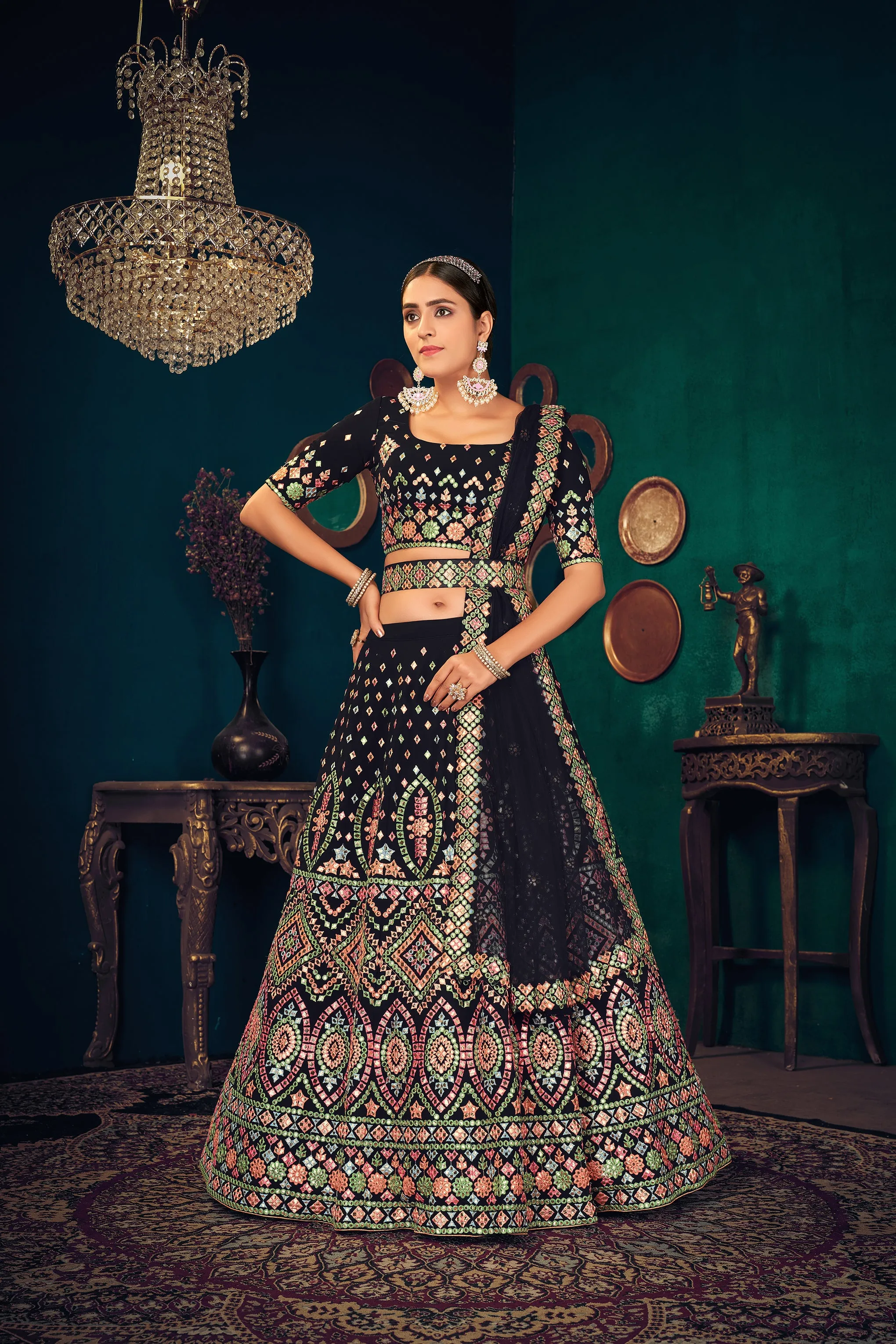 Navy Blue Multi Thread Embroidered Georgette Wedding Lehenga Choli