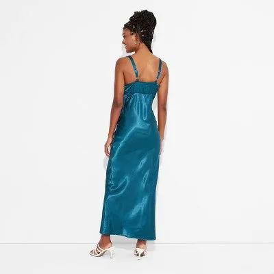 New - Women's Satin Lace Trim Midi Slip Dress - Wild Fable Dark Turquoise S