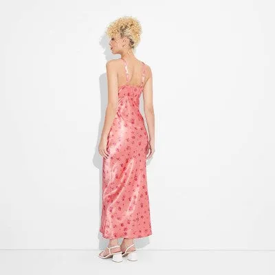 New - Women's Satin Lace Trim Midi Slip Dress - Wild Fable™ Salmon Pink Floral M