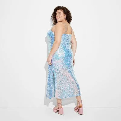 New - Women's Sequin Slip Midi Tank Dress - Wild Fable Light Blue 1X