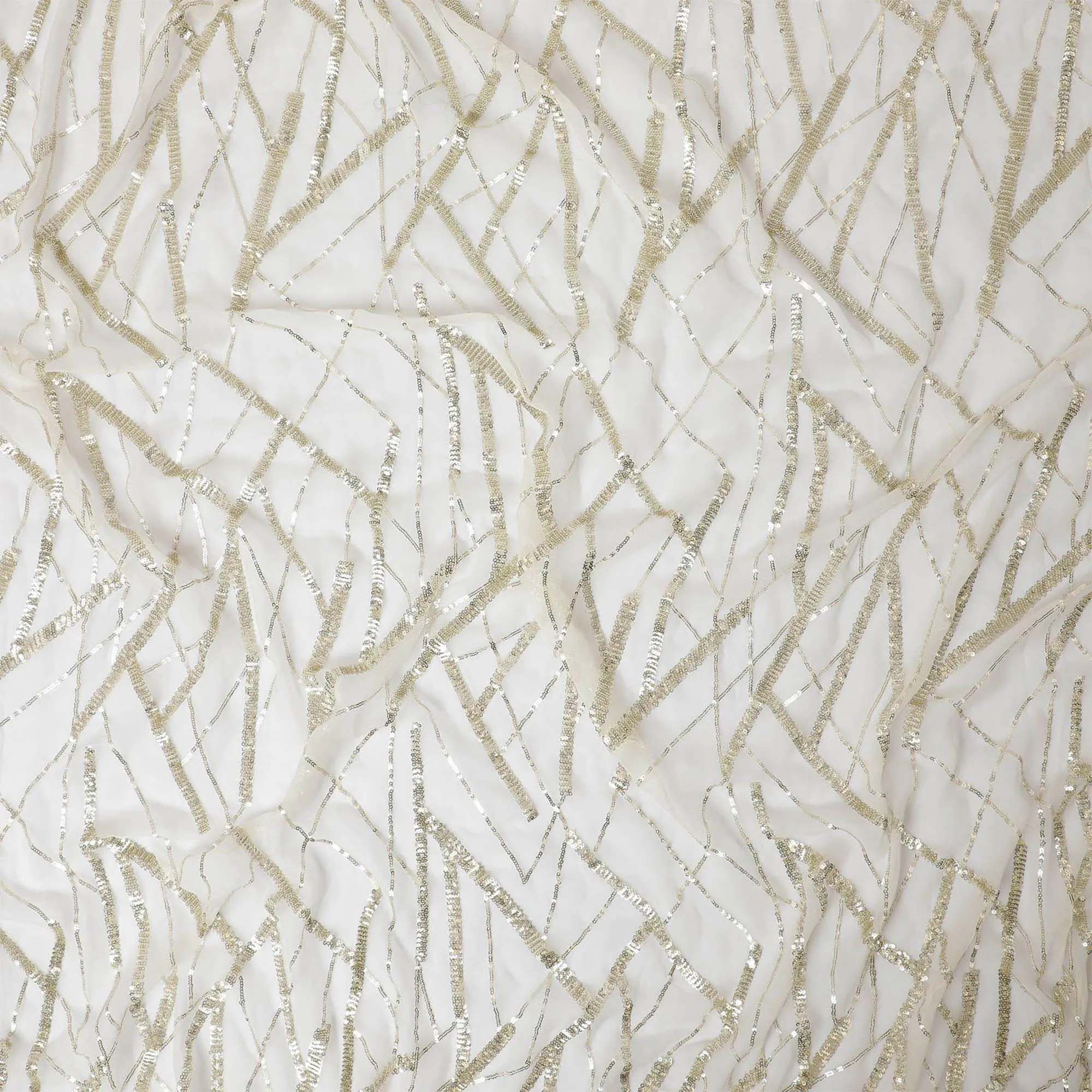 Off white premium pure silk chiffon fabric with gold sequin embroidery in abstract design-D13203