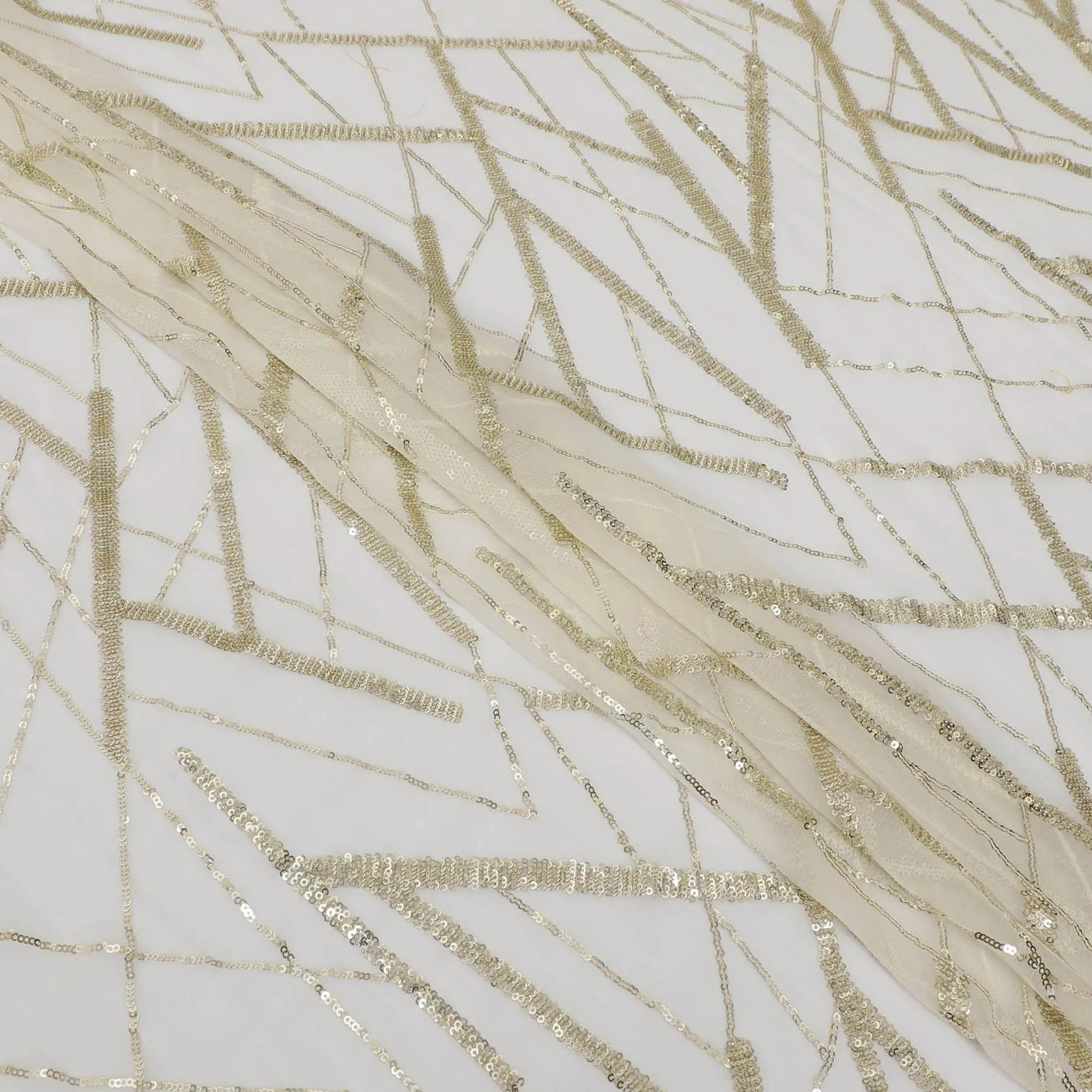 Off white premium pure silk chiffon fabric with gold sequin embroidery in abstract design-D13203