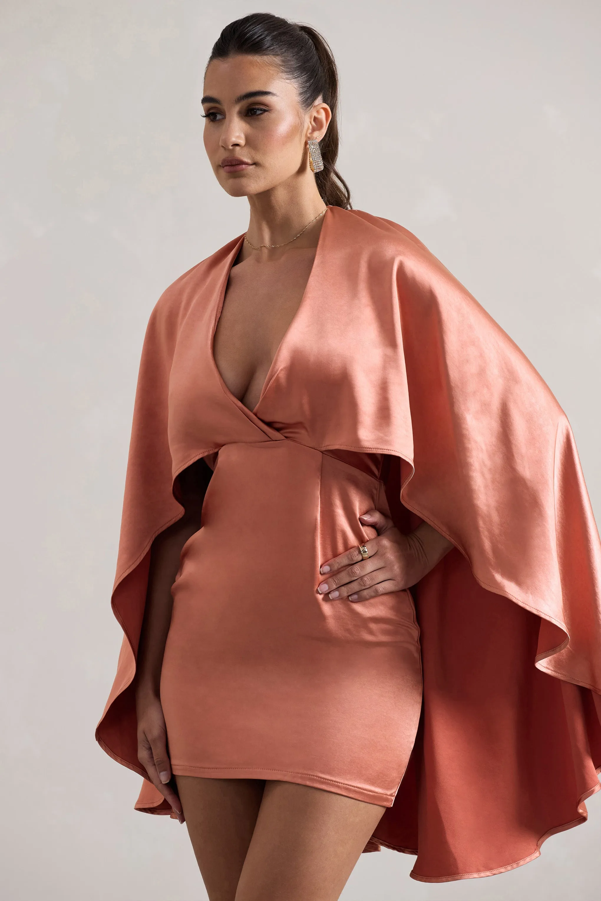 Olsen | Coral Satin Plunge-Neck Cape Mini Dress