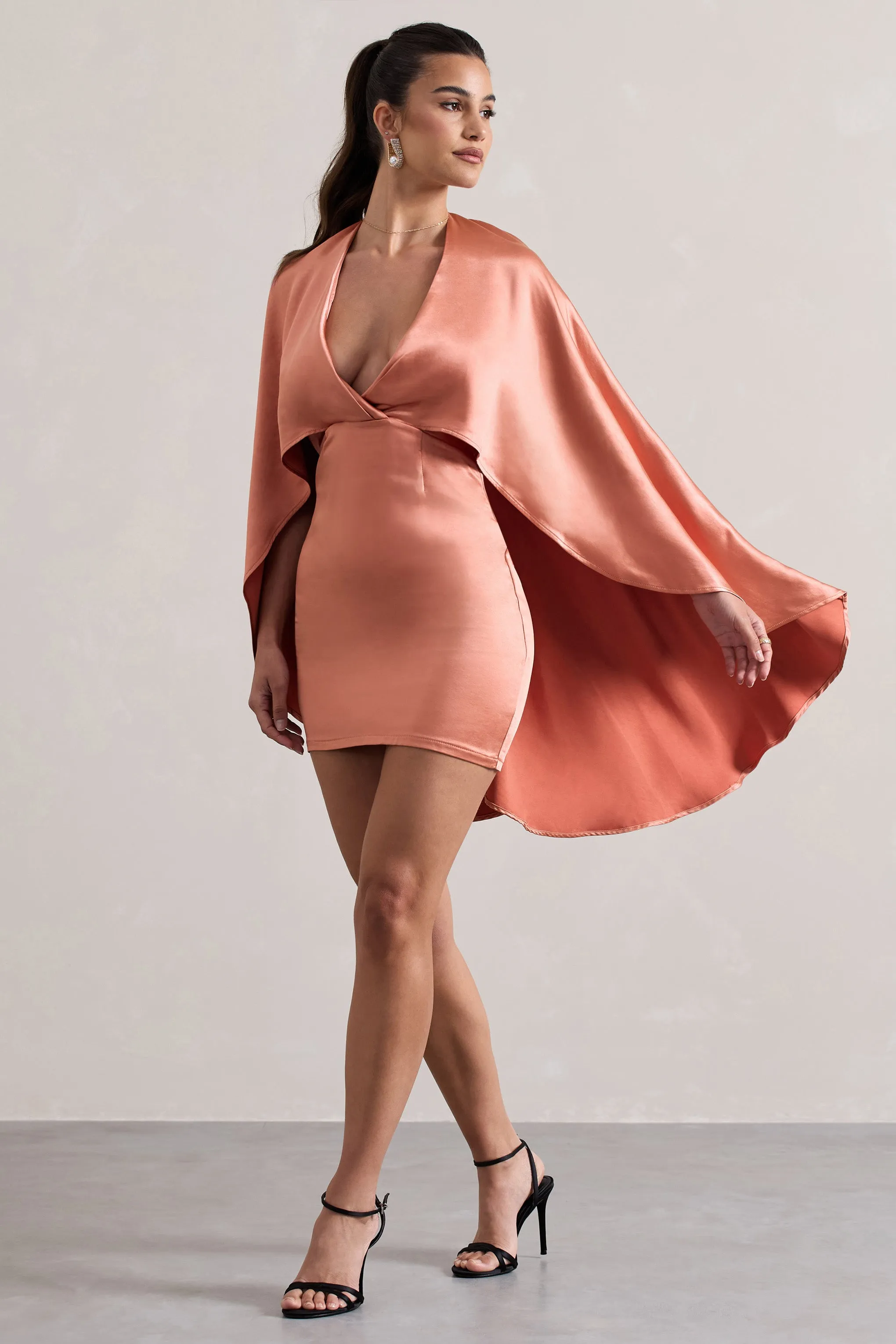 Olsen | Coral Satin Plunge-Neck Cape Mini Dress