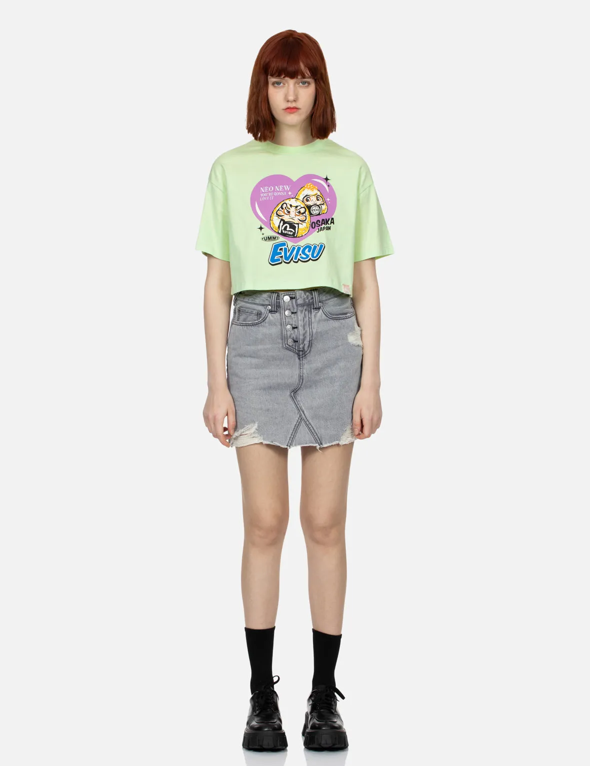 Onigiri Daruma and Heart Print Cropped T-shirt