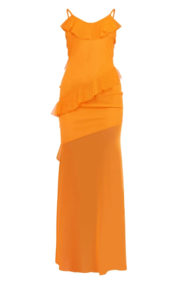 orange mesh long frill drape strappy maxi dress