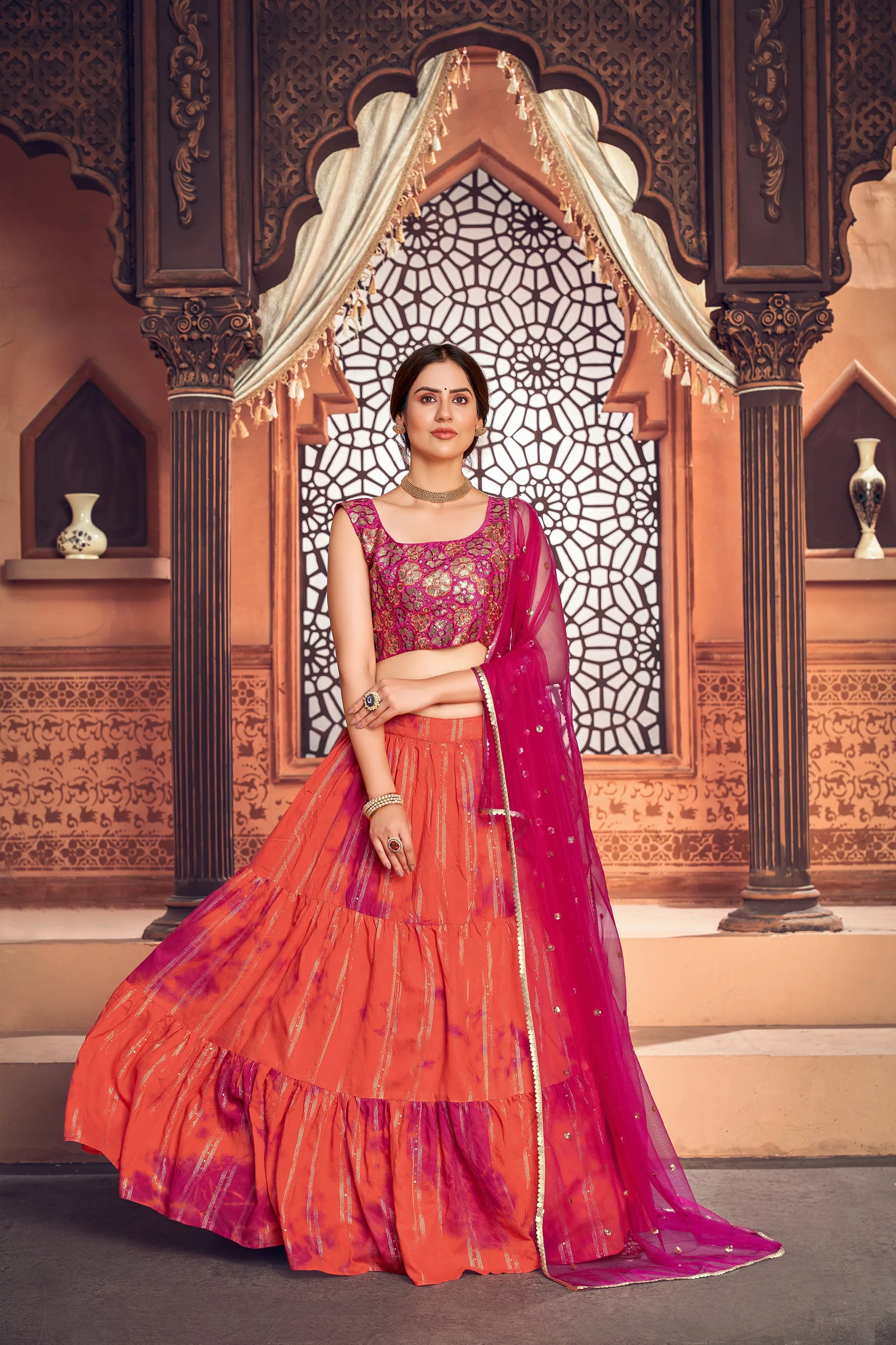 Orange Shibori Printed Cotton Party Wear Lehenga Choli