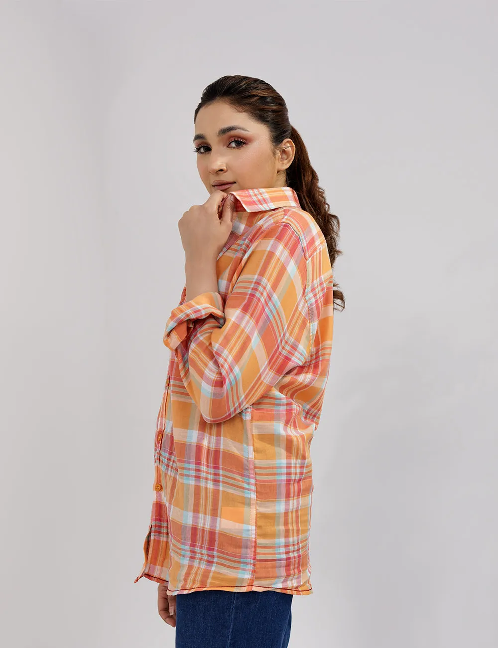 Orange Tartan Plaid Checkered Women Shirt