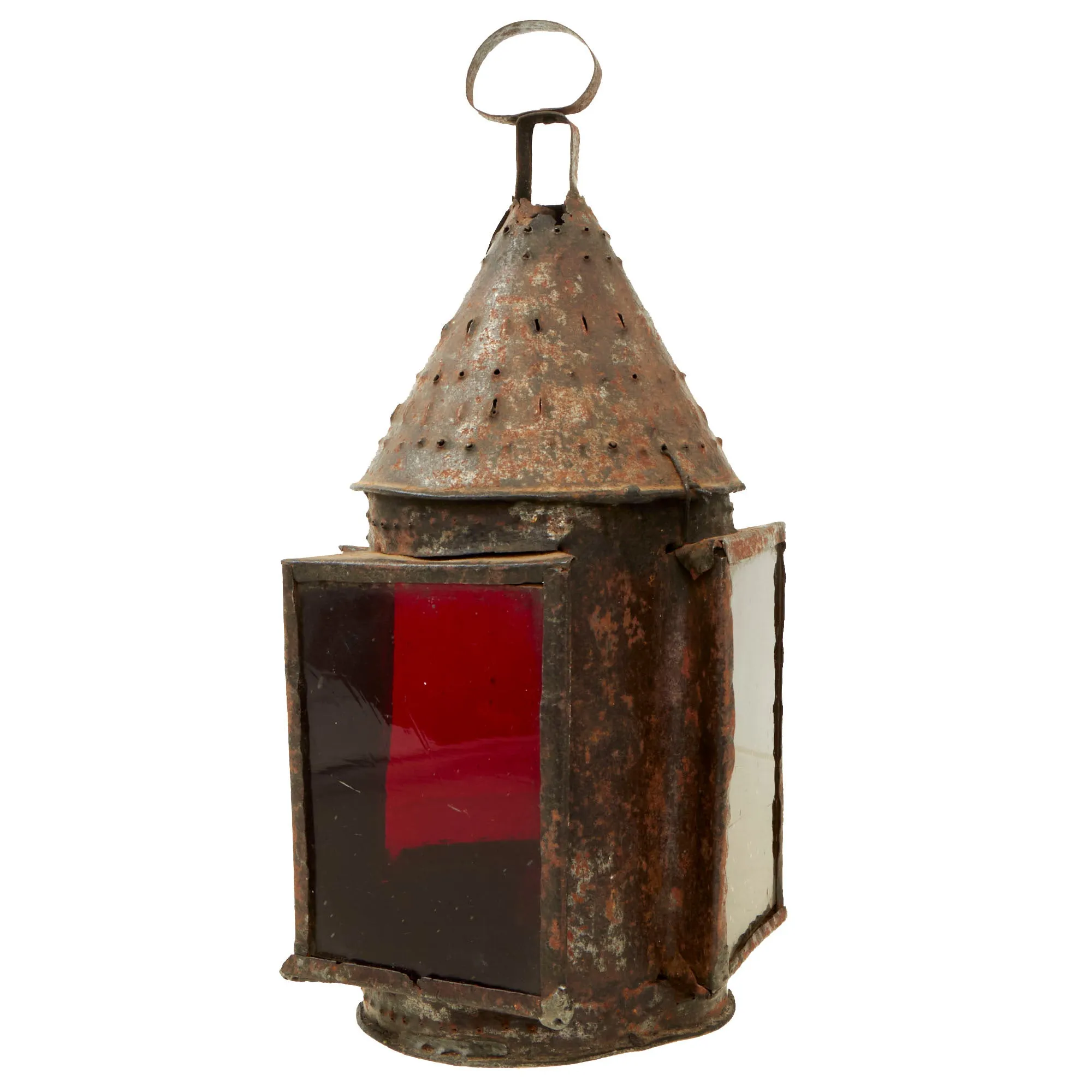 Original U.S. Colonial Revolutionary War Era Punched Tin Ship’s Navigational Lantern with Multi-Color Glass Lenses - 1750s