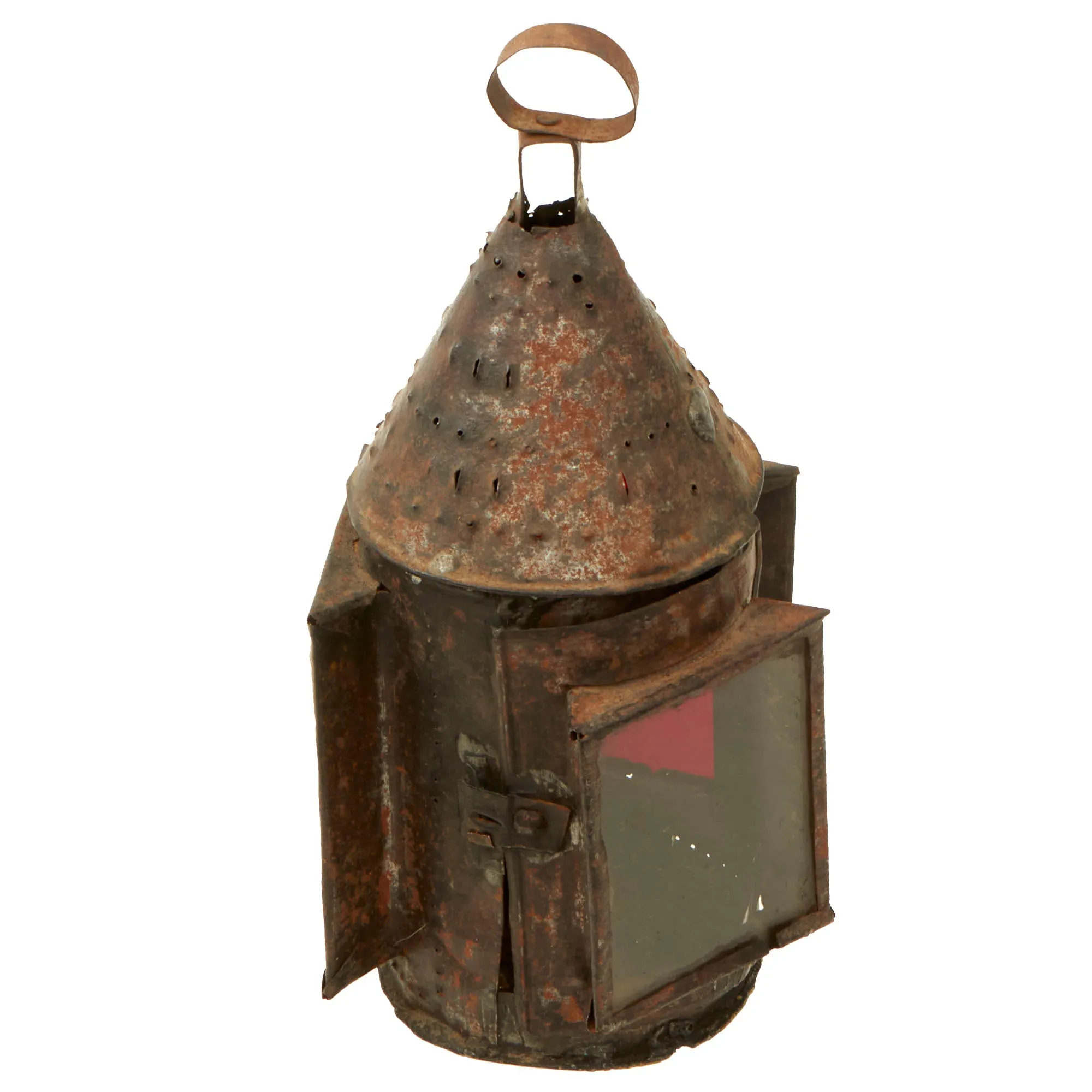 Original U.S. Colonial Revolutionary War Era Punched Tin Ship’s Navigational Lantern with Multi-Color Glass Lenses - 1750s