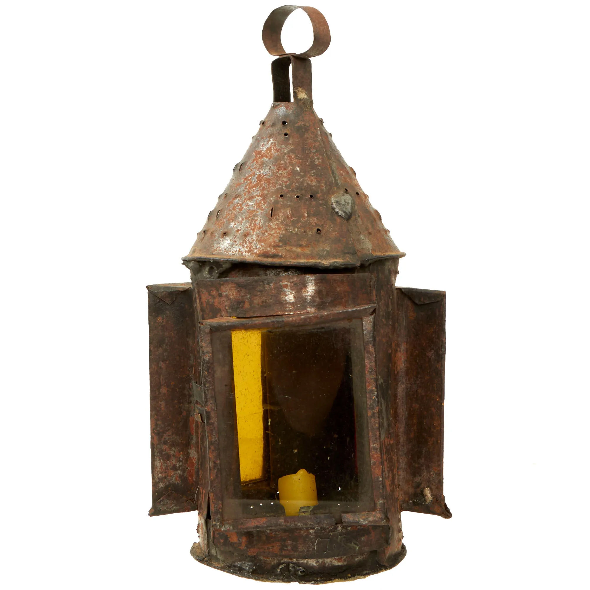 Original U.S. Colonial Revolutionary War Era Punched Tin Ship’s Navigational Lantern with Multi-Color Glass Lenses - 1750s