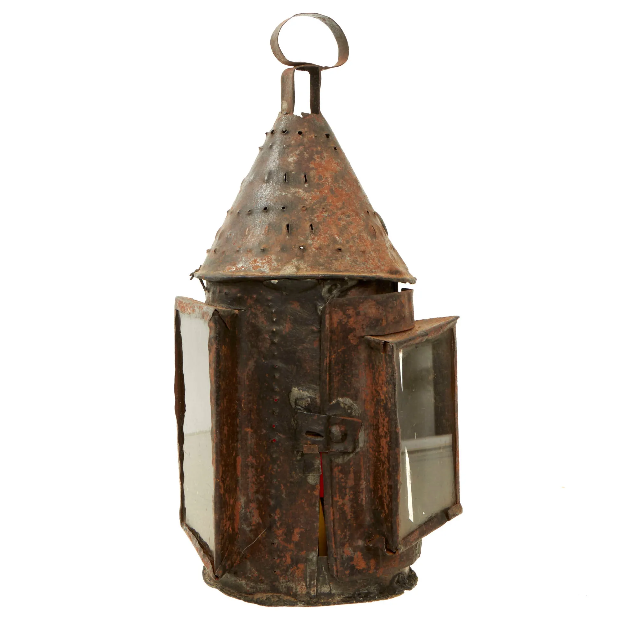 Original U.S. Colonial Revolutionary War Era Punched Tin Ship’s Navigational Lantern with Multi-Color Glass Lenses - 1750s