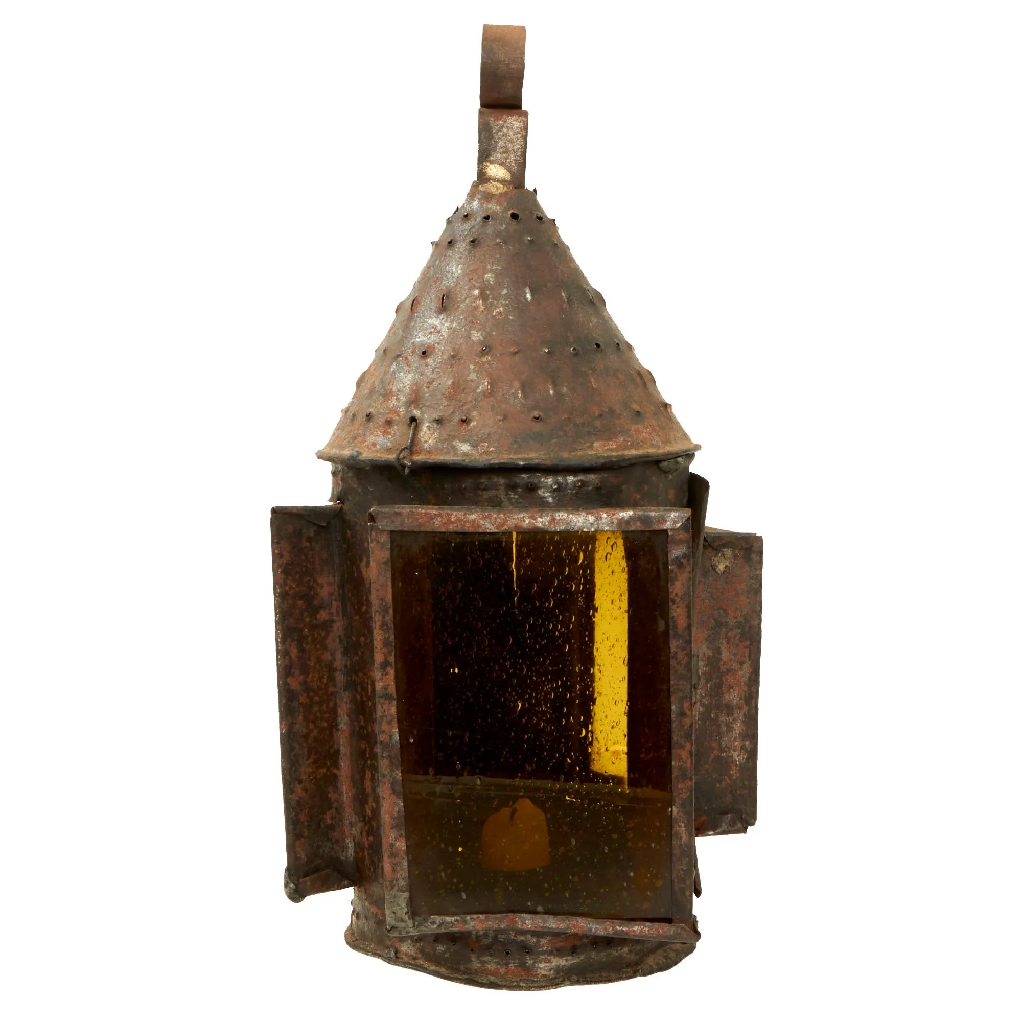 Original U.S. Colonial Revolutionary War Era Punched Tin Ship’s Navigational Lantern with Multi-Color Glass Lenses - 1750s