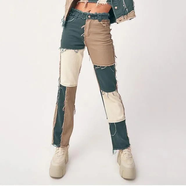 Patchwork High Waist Fly Straight Wide Leg Jeans