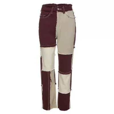 Patchwork High Waist Fly Straight Wide Leg Jeans