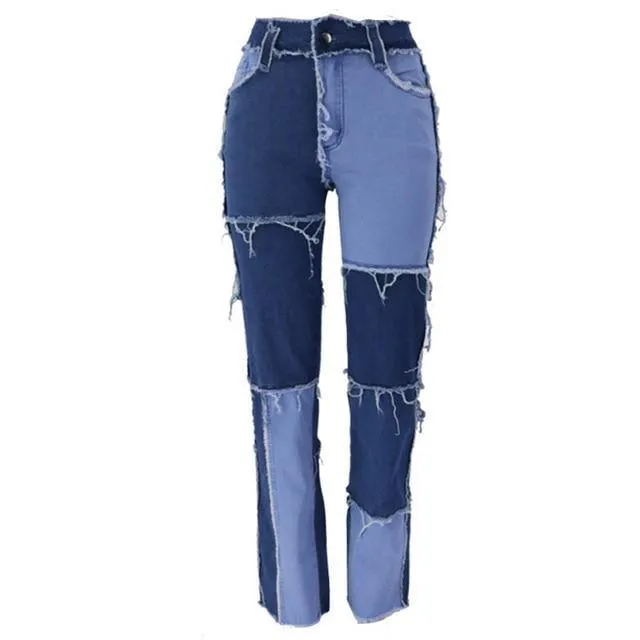 Patchwork High Waist Fly Straight Wide Leg Jeans