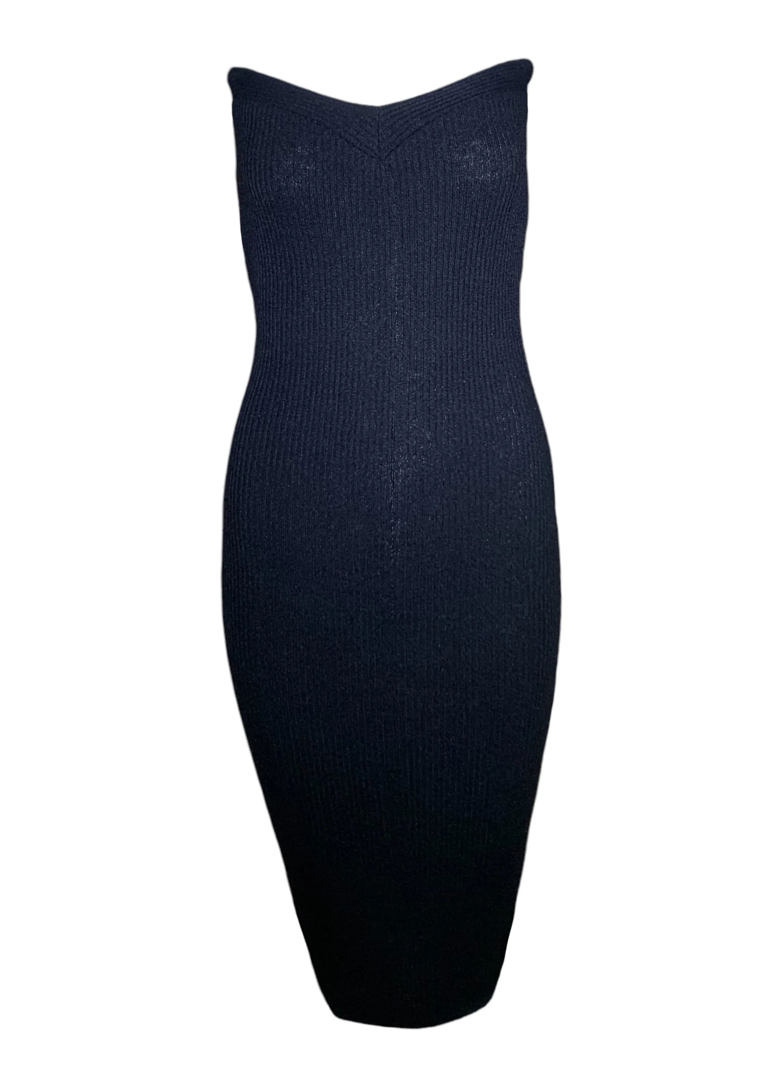 Patrick Kelly 1980s Black Ribbed Knit Sexy Strapless Midi Dress