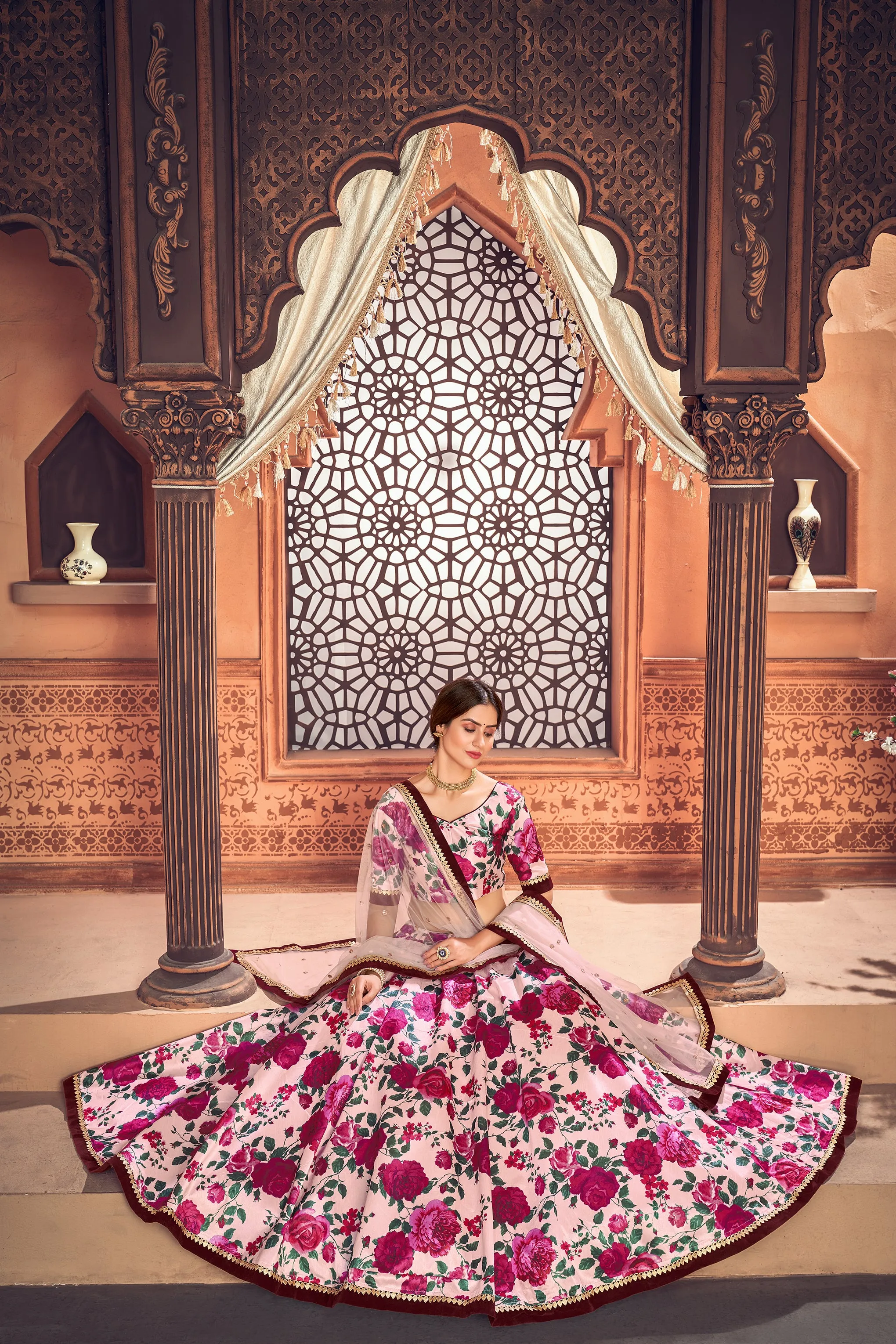 Peach Color Function Wear Tafetta Silk Fabric Printed Lehenga Choli