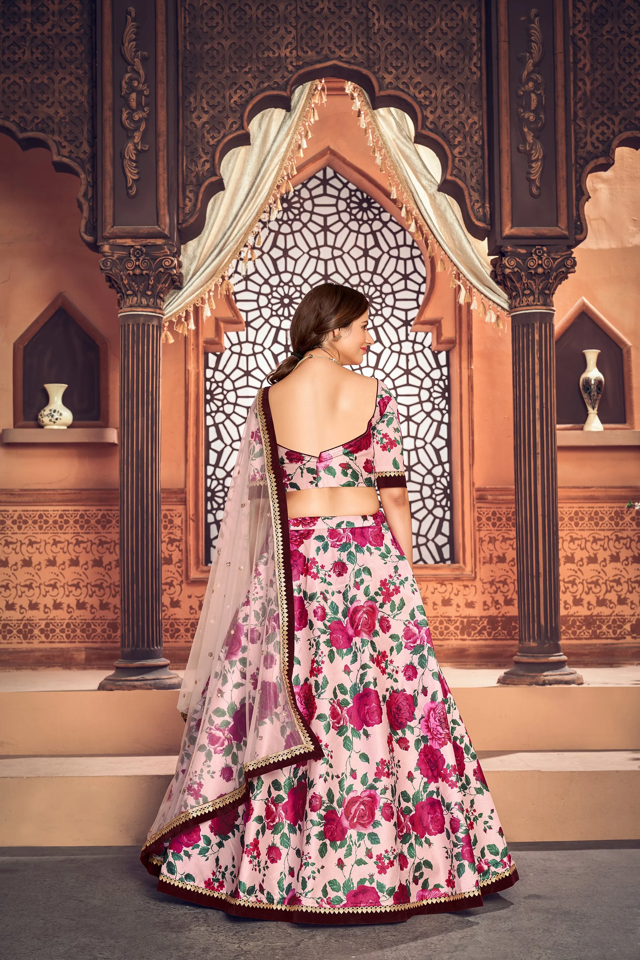 Peach Color Function Wear Tafetta Silk Fabric Printed Lehenga Choli