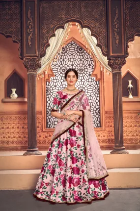 Peach Color Function Wear Tafetta Silk Fabric Printed Lehenga Choli