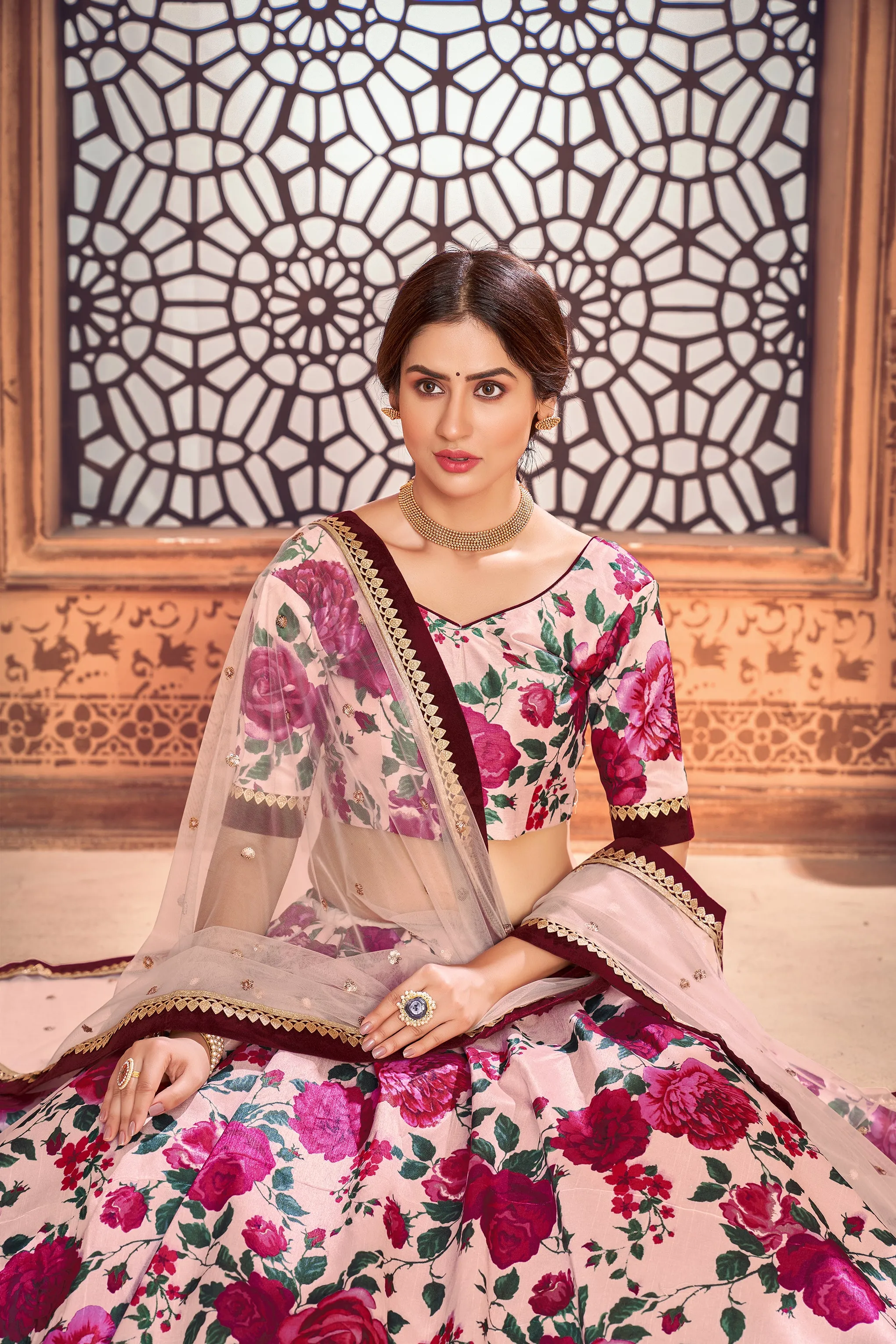 Peach Color Function Wear Tafetta Silk Fabric Printed Lehenga Choli