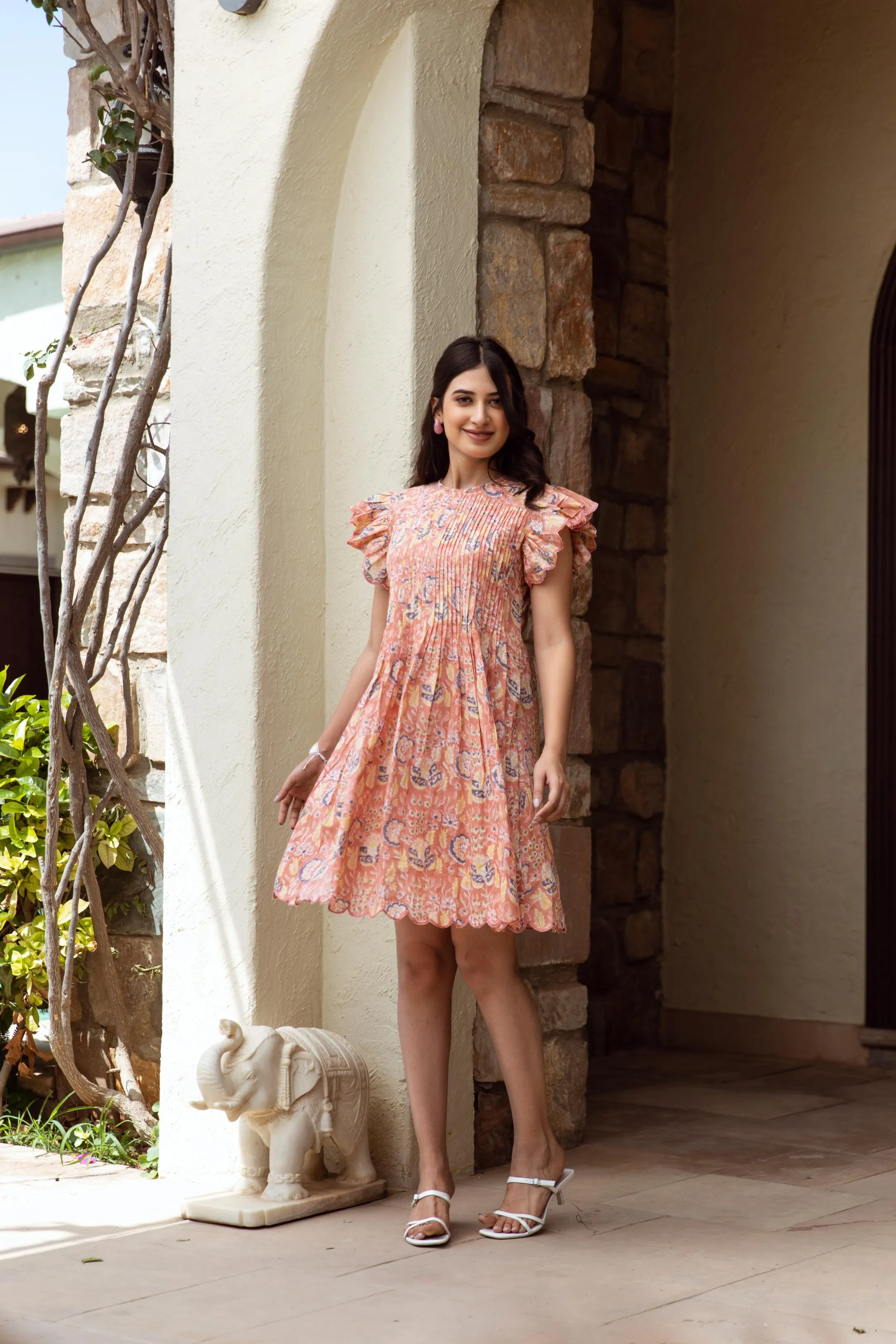 Peach cotton handblock print dress