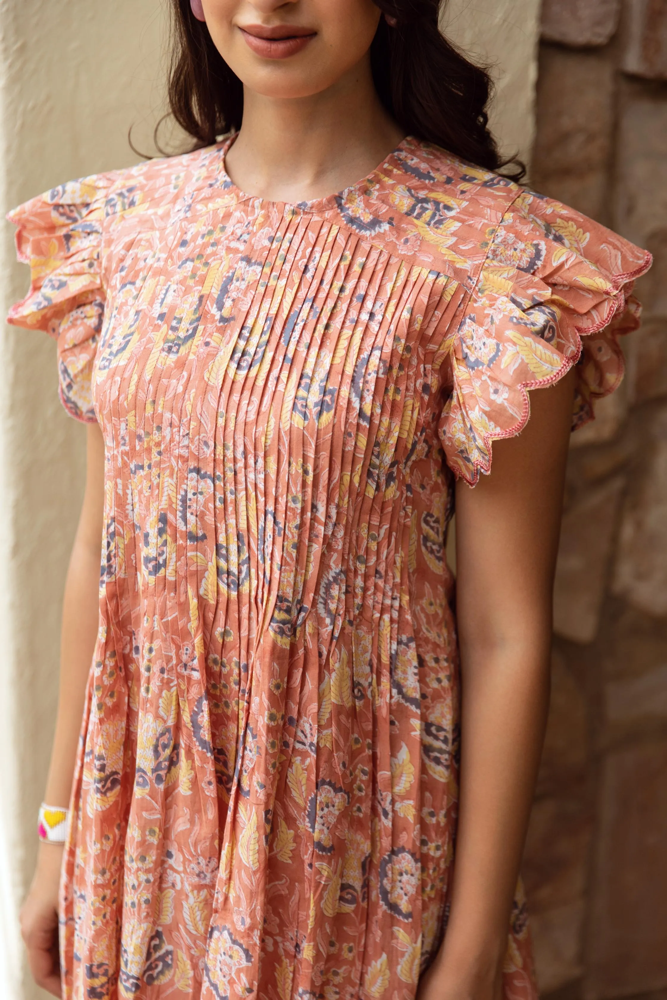 Peach cotton handblock print dress