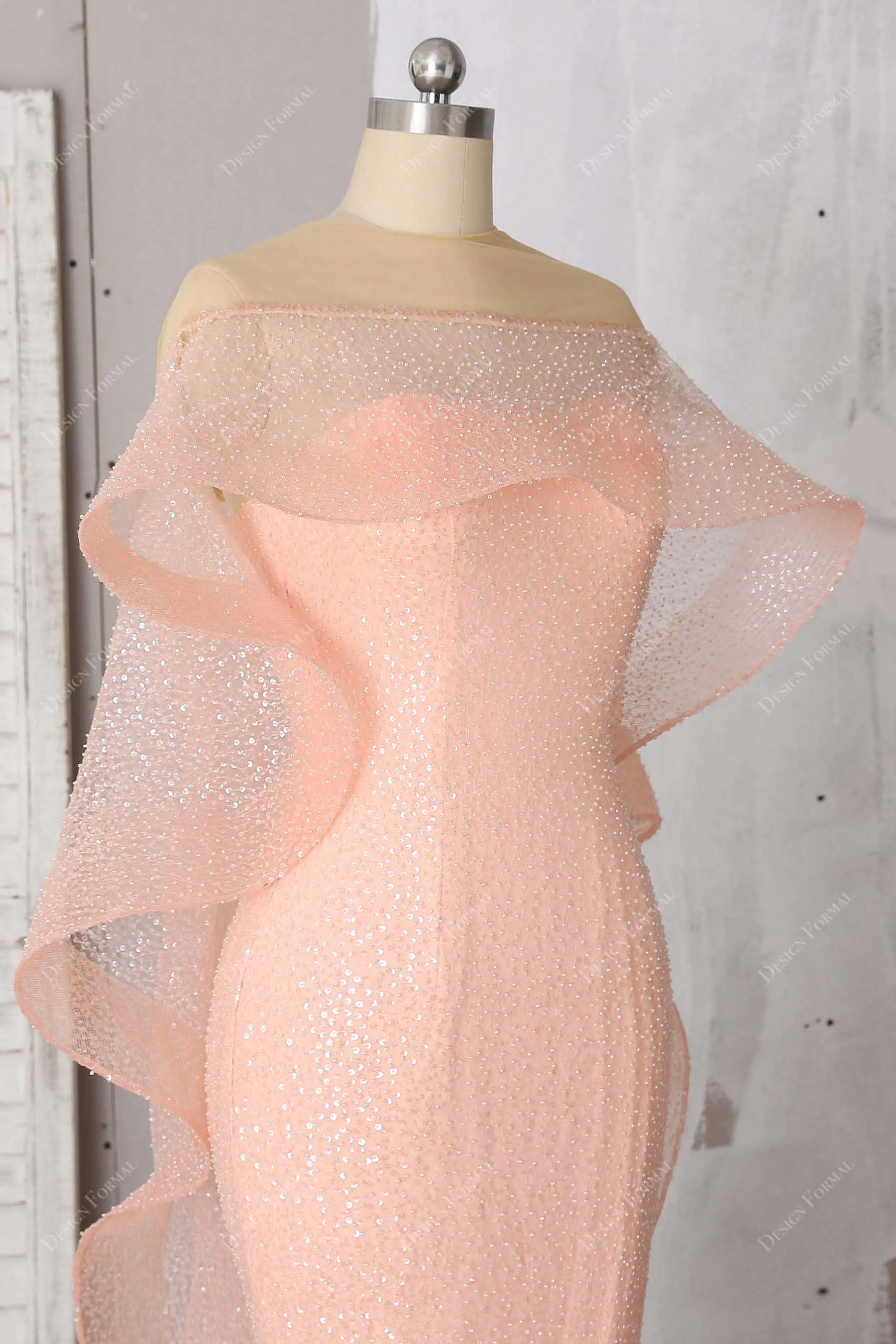 Peach Pink Glitter Cascading Cape Prom Dress