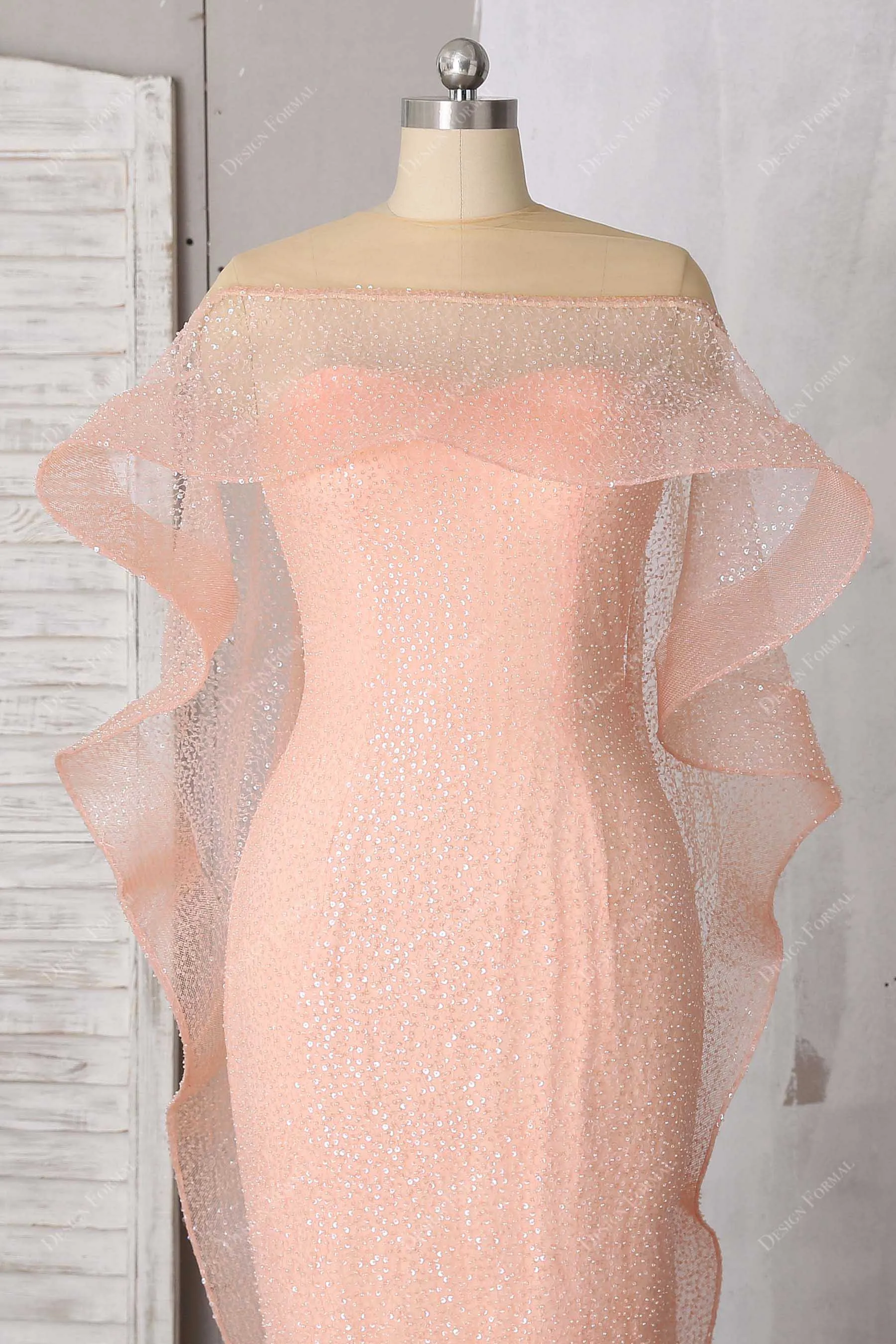 Peach Pink Glitter Cascading Cape Prom Dress