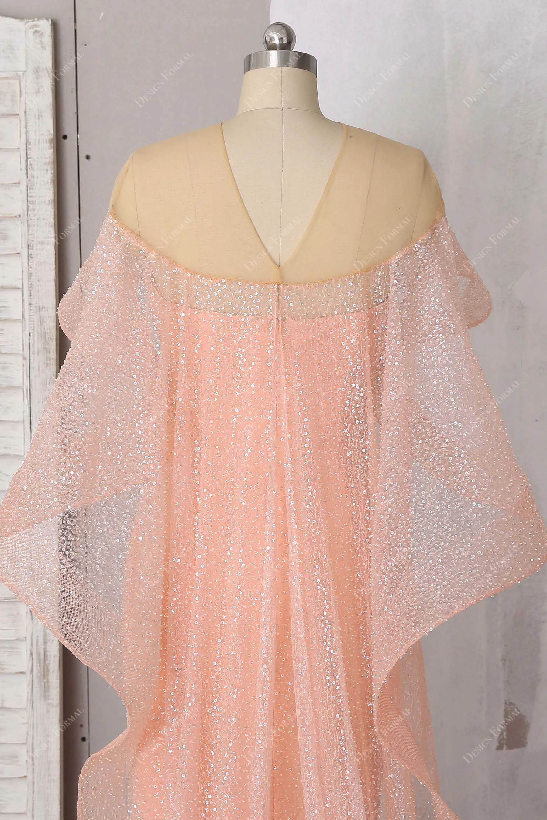 Peach Pink Glitter Cascading Cape Prom Dress