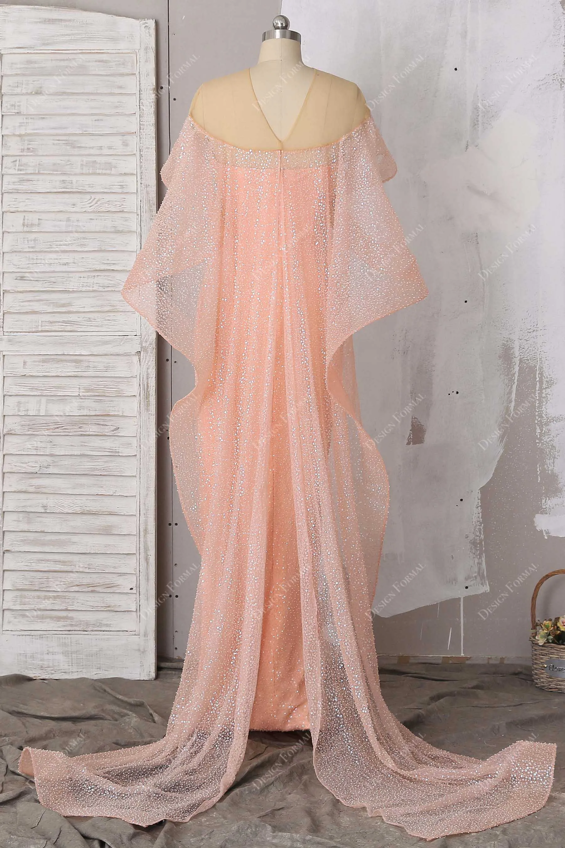 Peach Pink Glitter Cascading Cape Prom Dress