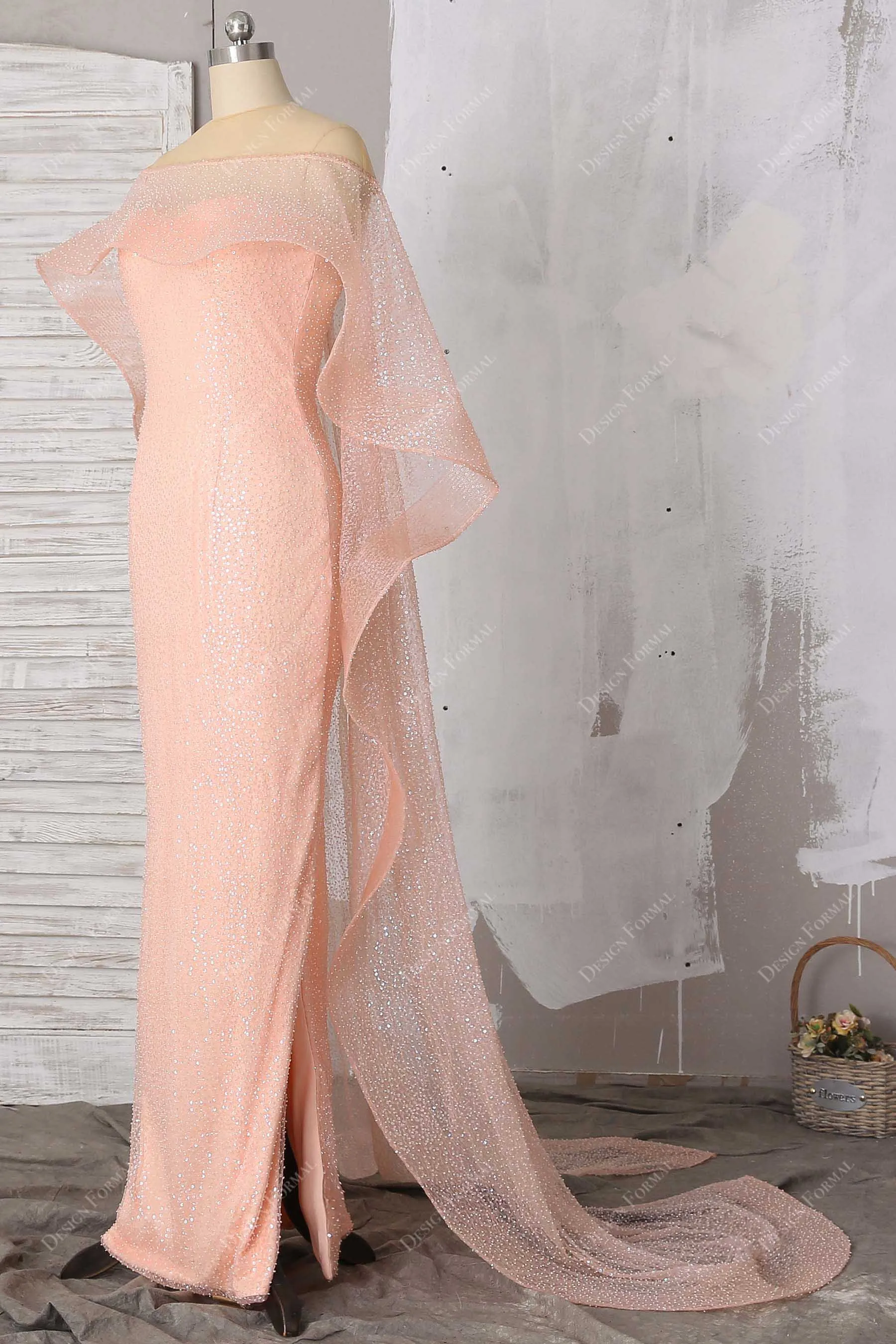 Peach Pink Glitter Cascading Cape Prom Dress