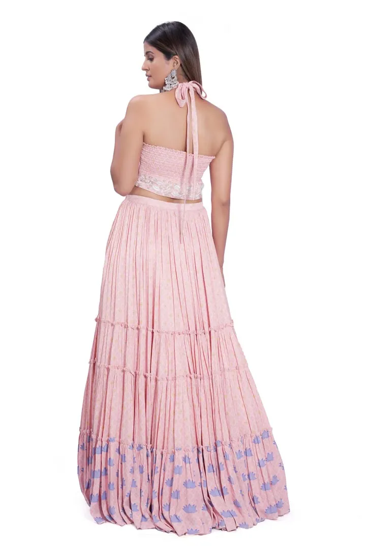 Peach Viscose & Satin Layered Printed Skirt Set