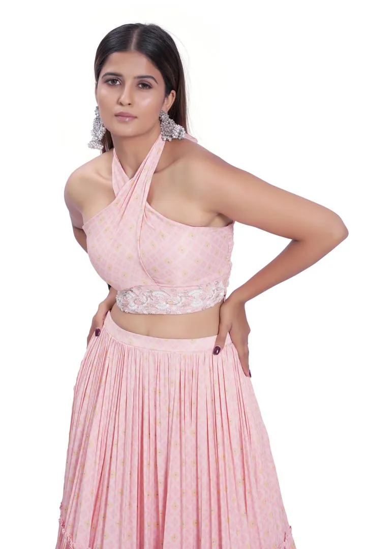 Peach Viscose & Satin Layered Printed Skirt Set