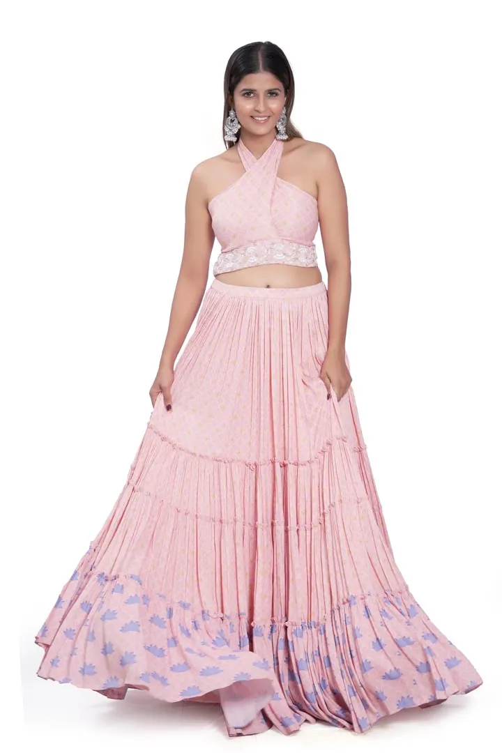 Peach Viscose & Satin Layered Printed Skirt Set