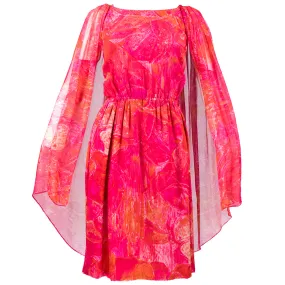 Pierre Cardin 60s Pink Tropical Floral Silk Dress   Cape