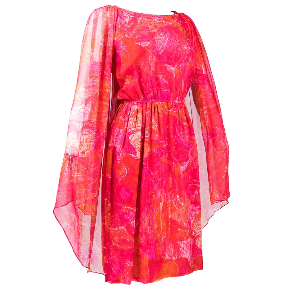 Pierre Cardin 60s Pink Tropical Floral Silk Dress   Cape