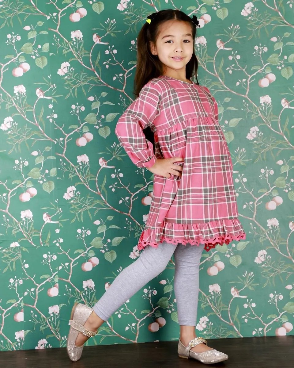 Pink Plaid Girls Flannel Dress with Grey Leggings