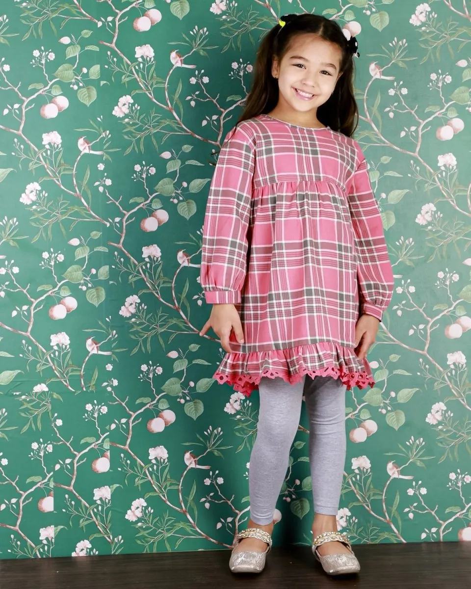 Pink Plaid Girls Flannel Dress with Grey Leggings