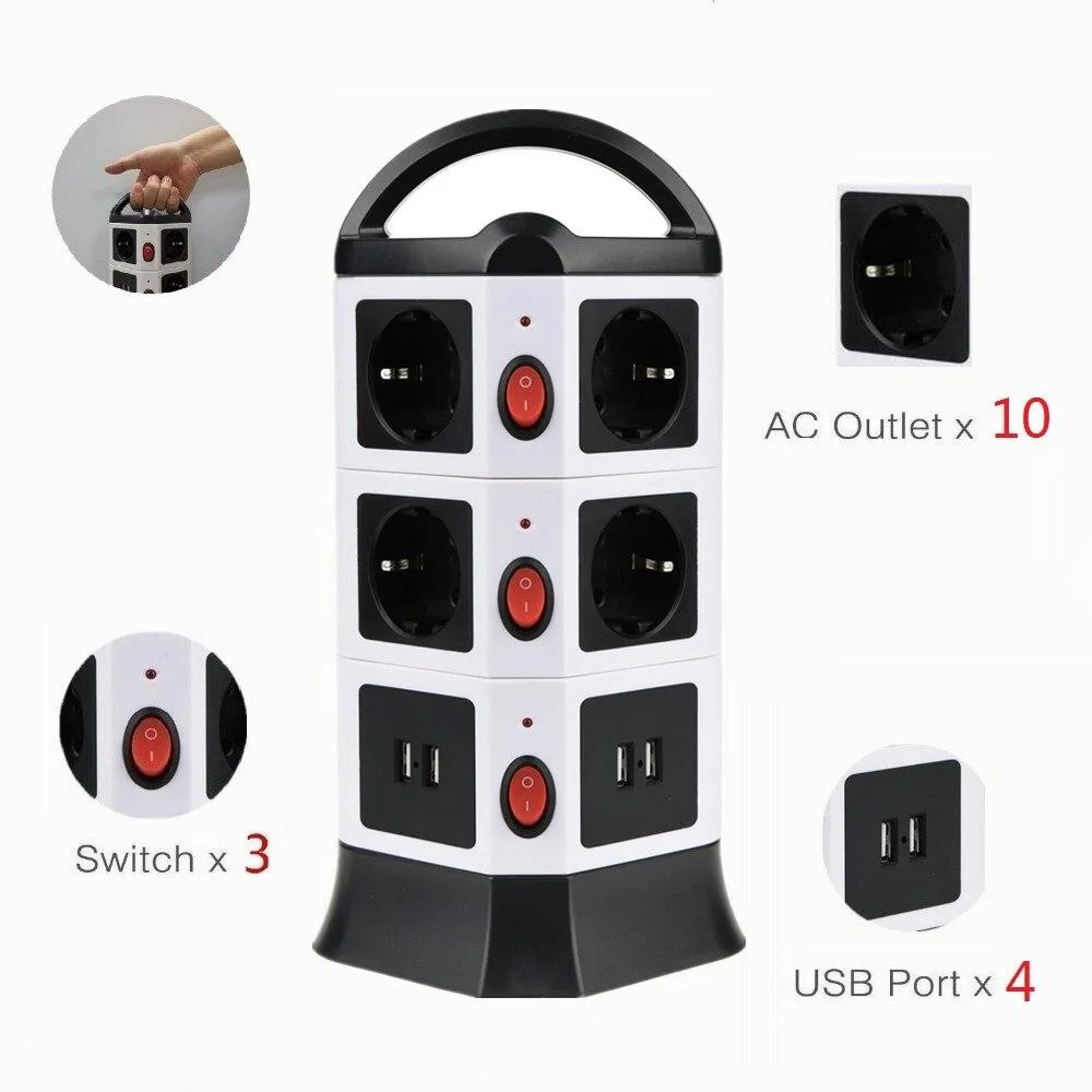 Plug Outlet Power Strip Multi Plug USB Socket with Switch and 5/6.5 ft Extension Cord Tower