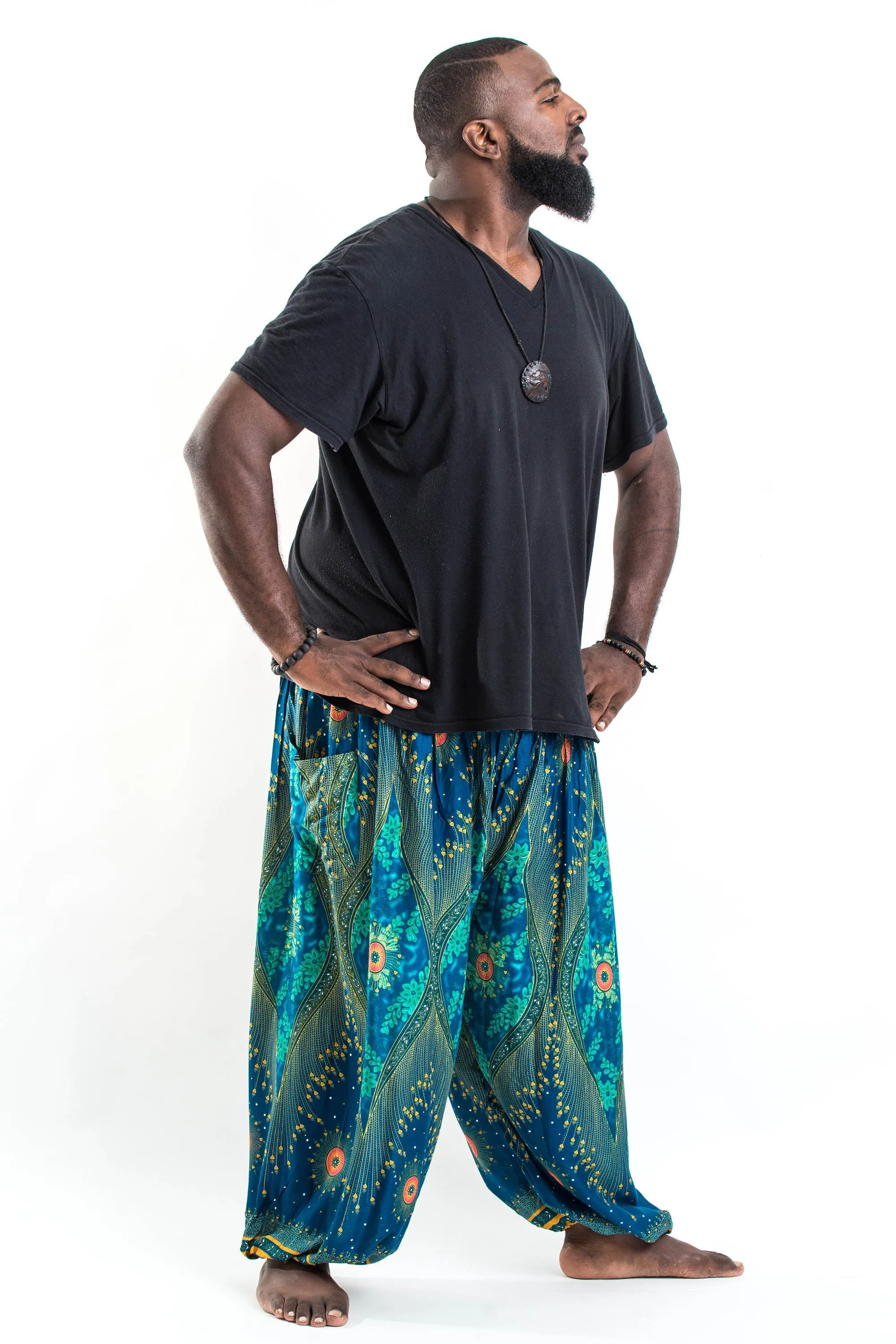 Plus Size Unisex Peacock Eye Harem Pants in Turquoise