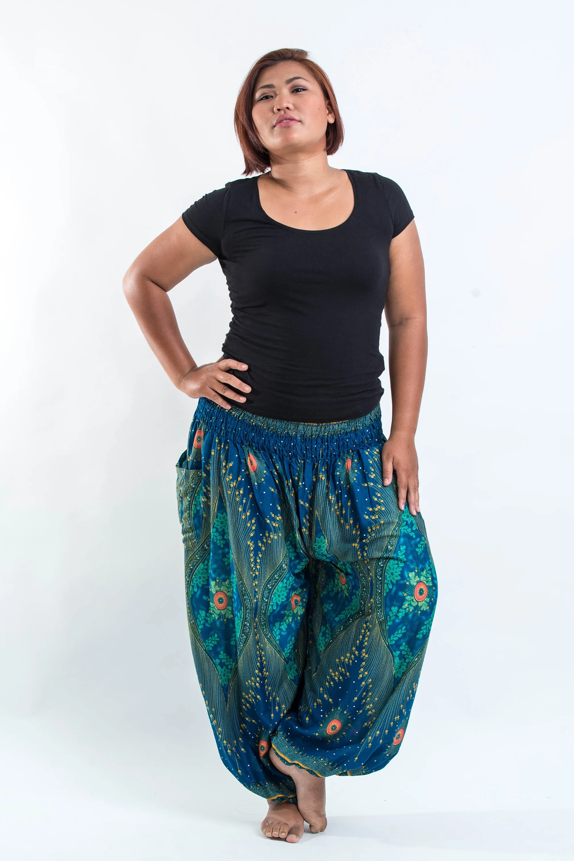 Plus Size Unisex Peacock Eye Harem Pants in Turquoise