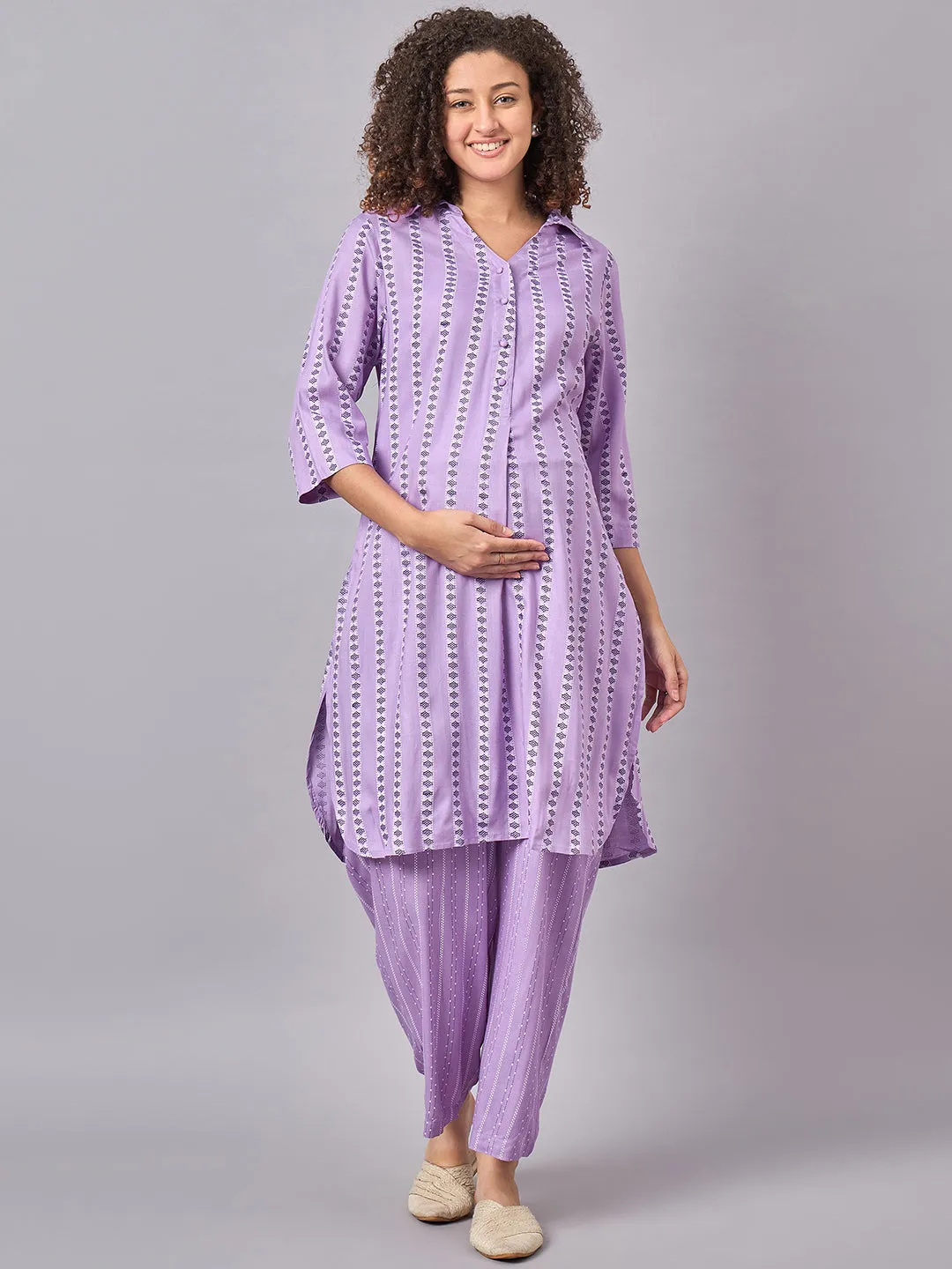 Purple Color Shirt Collar Maternity & Nursing Kurta Set