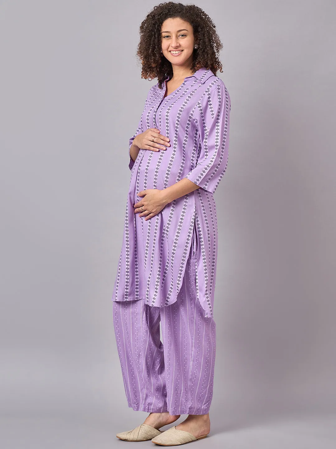 Purple Color Shirt Collar Maternity & Nursing Kurta Set