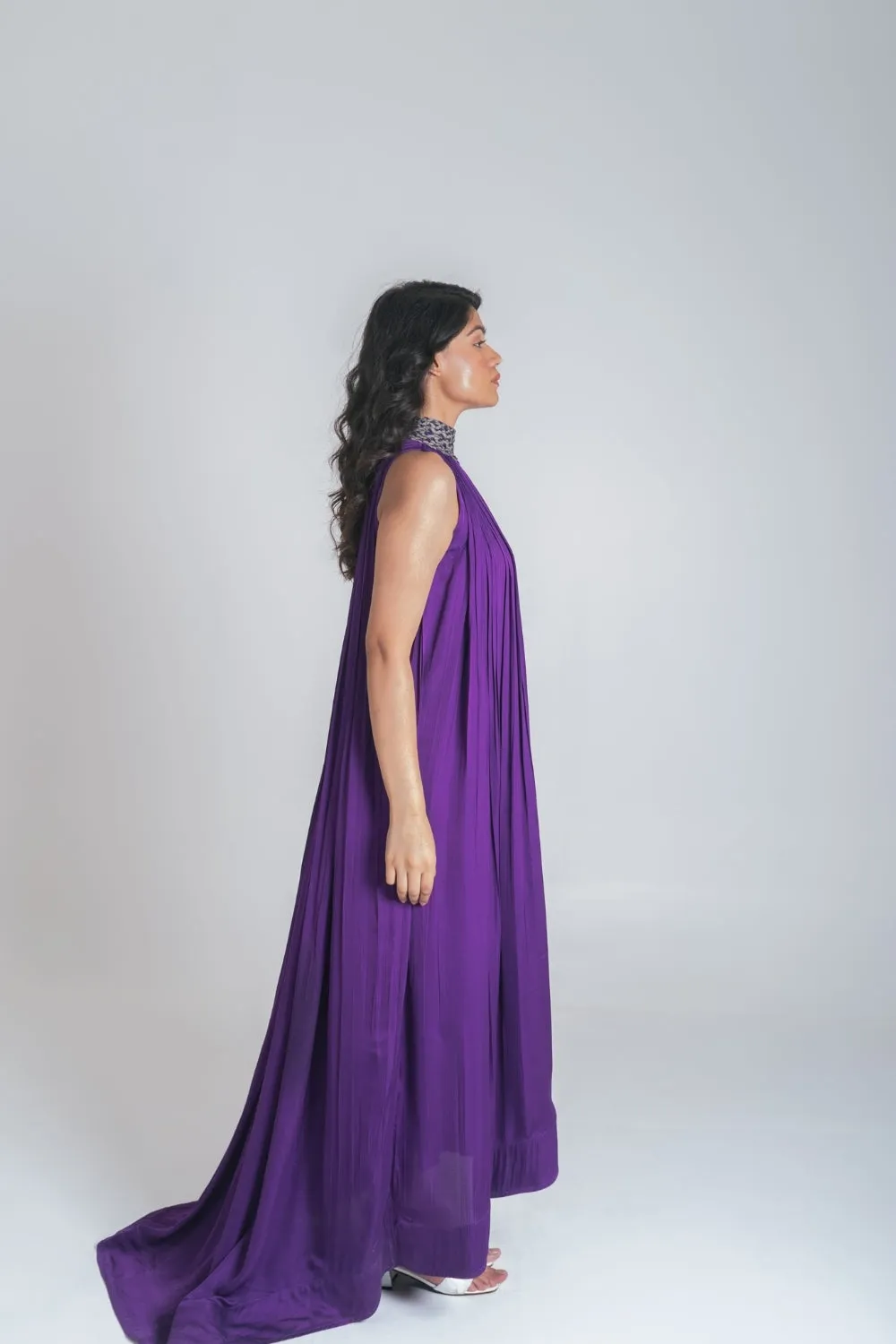 Purple Green Braided Halter Neck Gather Gown