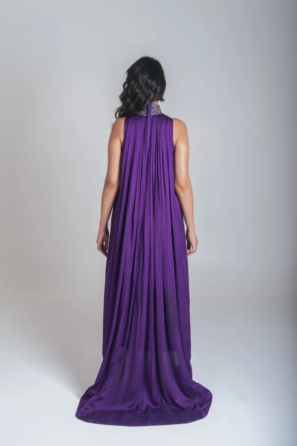 Purple Green Braided Halter Neck Gather Gown