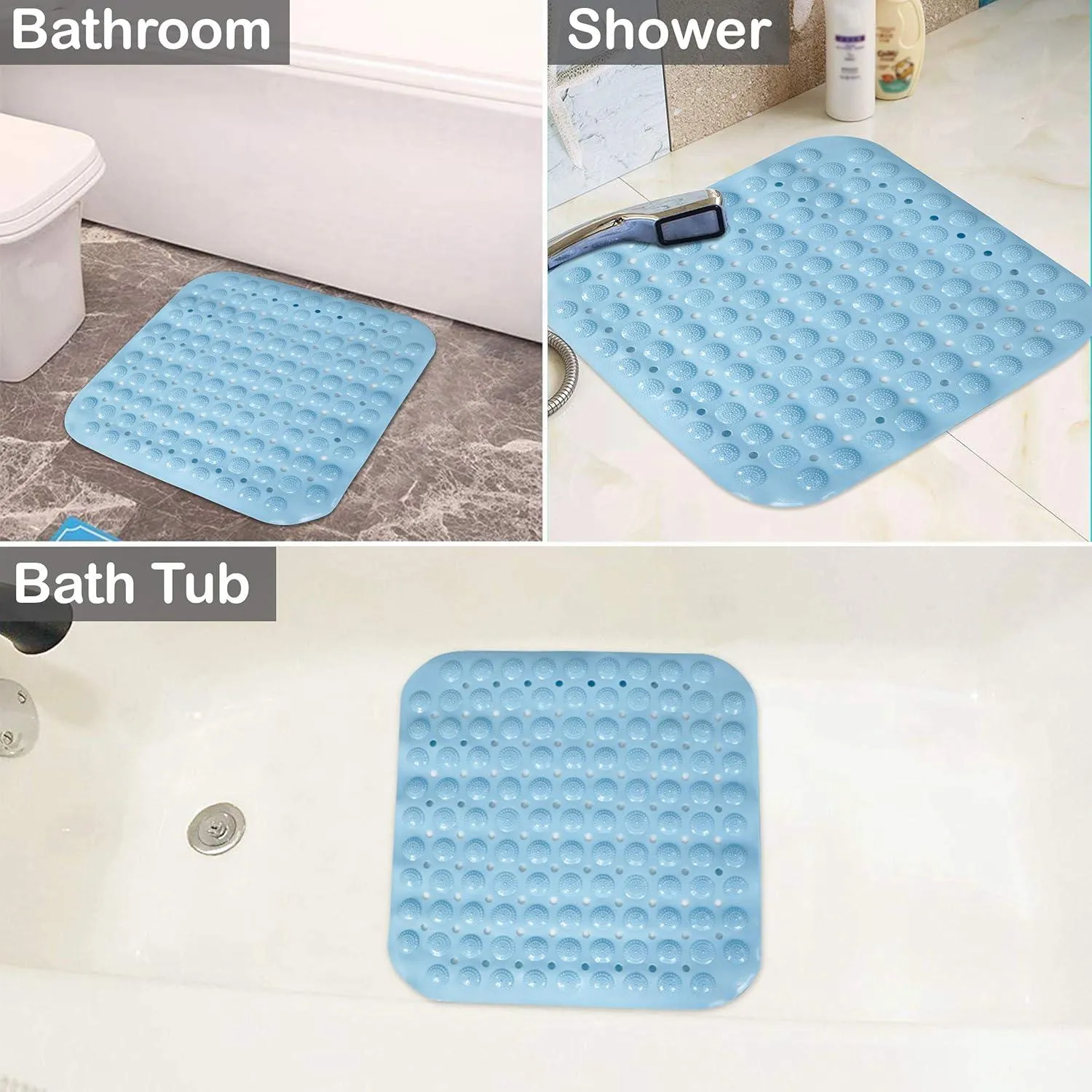 PVC Shower Mat Anti-Slip with Massage Acupressure Points, 48x48 cm, Blue