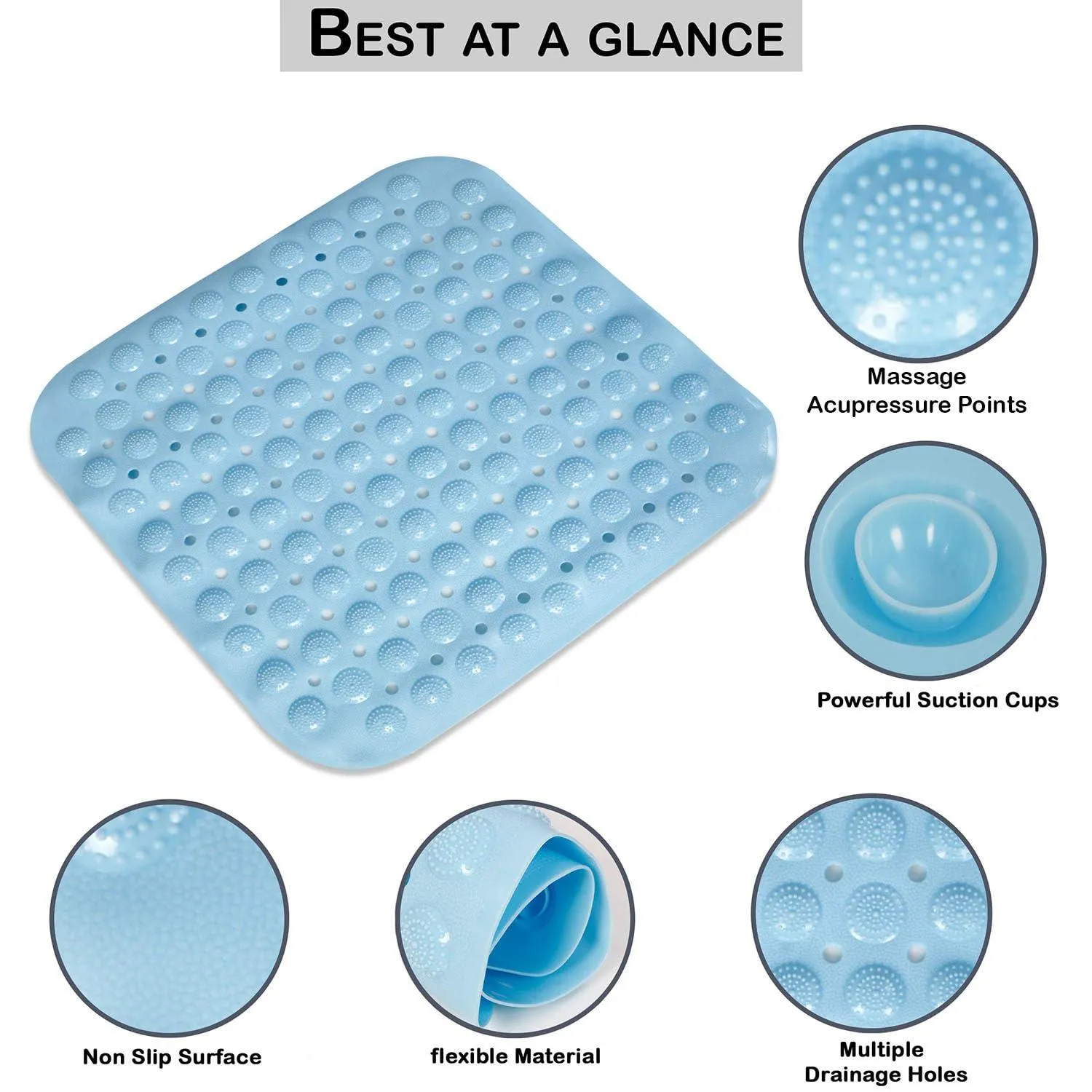 PVC Shower Mat Anti-Slip with Massage Acupressure Points, 48x48 cm, Blue