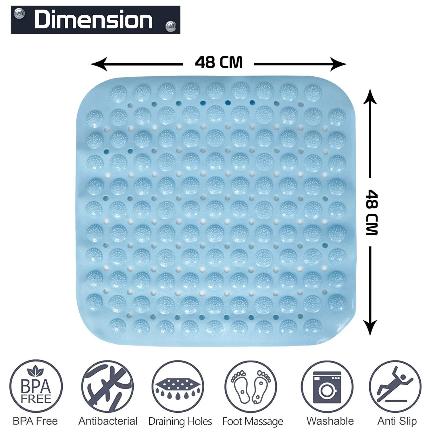 PVC Shower Mat Anti-Slip with Massage Acupressure Points, 48x48 cm, Blue